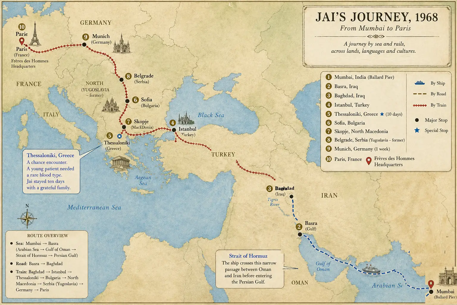 Jai's route from Mumbai to Paris via Basra