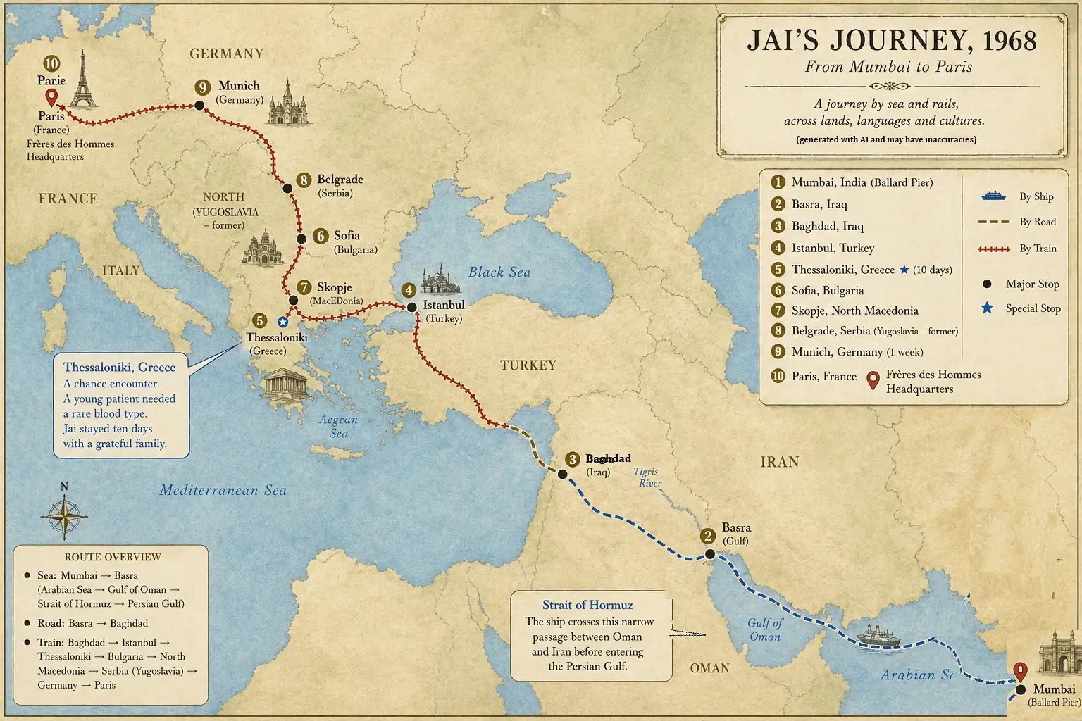 Jai's route from Mumbai to Paris via Basra